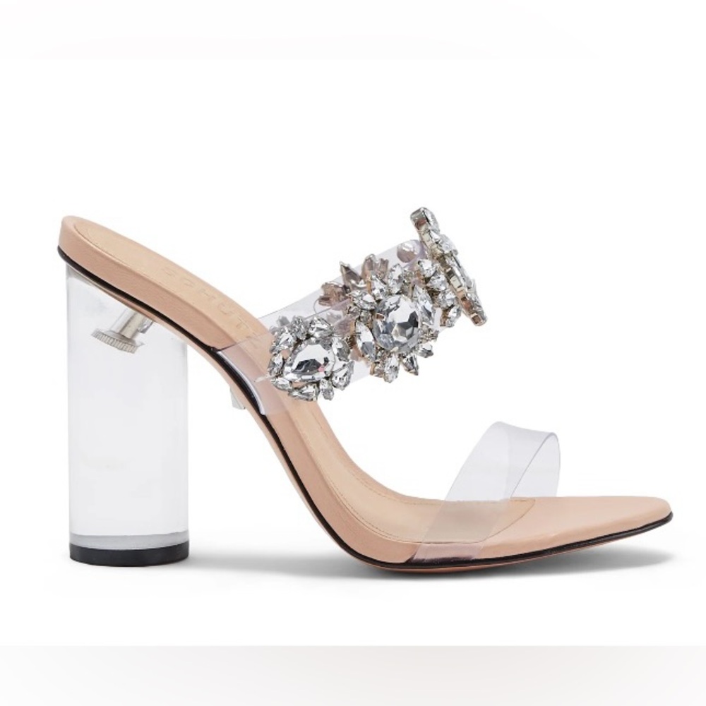 SCHUTZ - BLANCK SLIDE SANDALS Rhinestone Lucite Heel size 7.5 NWT